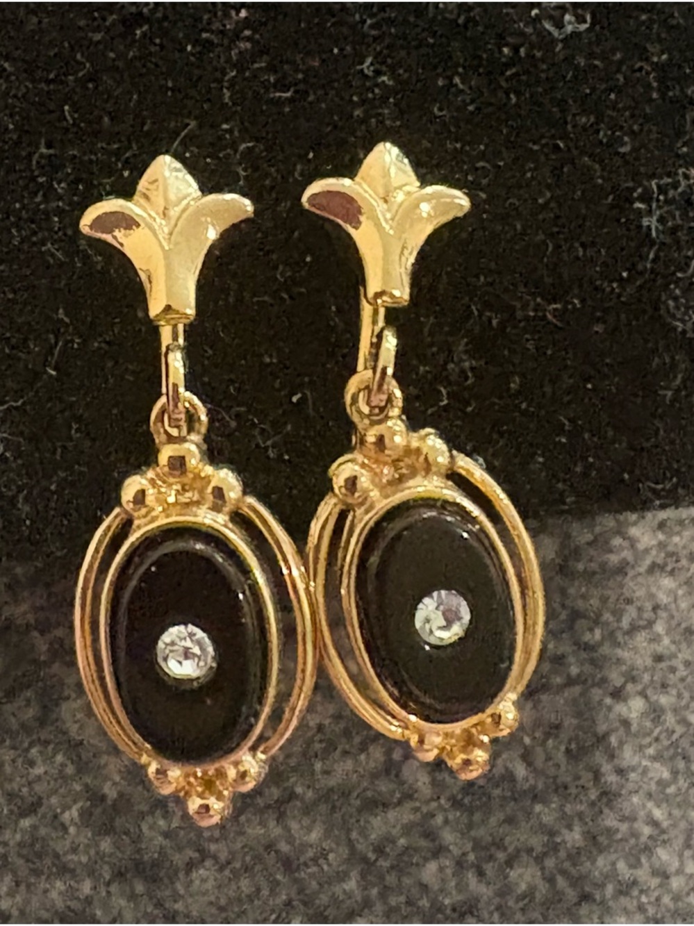 Gold-Tone Black Faux Onyx and Rhinestone Drop Clip On Earrings